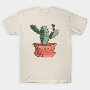 Green Cactus Succulent in Orange Pot Hand Drawn Line Art T-Shirt